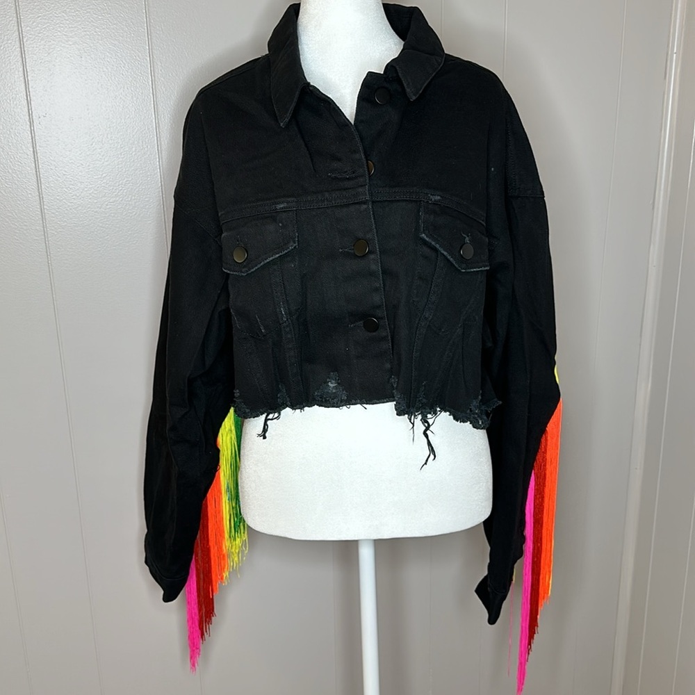 NWT Dolls Kill Feel This Moment Rainbow Fringe Denim Jacket